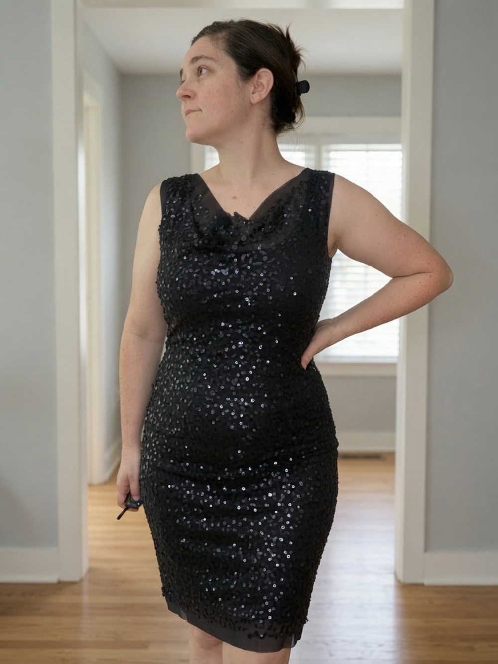 Max Studio Black Sequin Cocktail Dress XS Cowl Neck Sleeveless Party Holiday